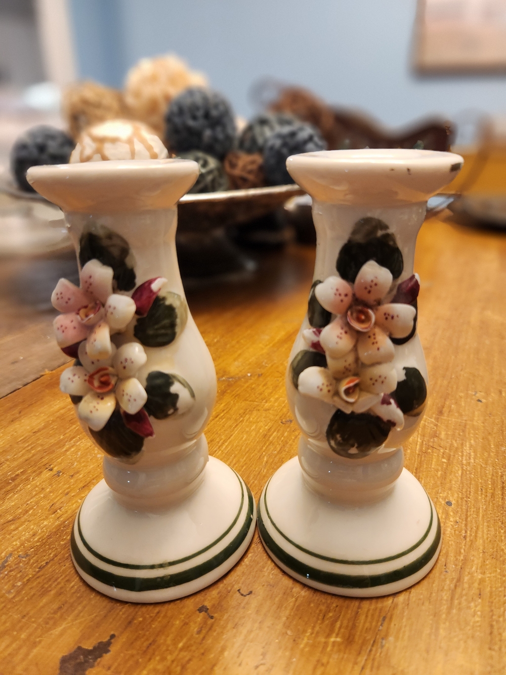 Norleans Porcelain Floral Candlestick Pair in White and Green